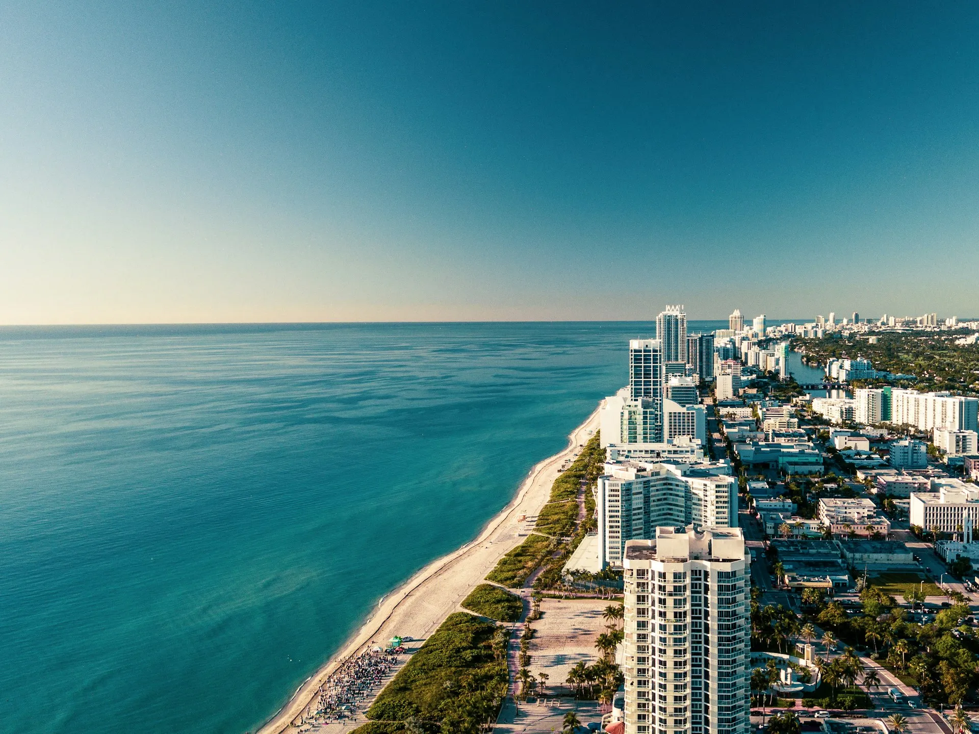 Aerial view of the Miami Beach coastline and skyline