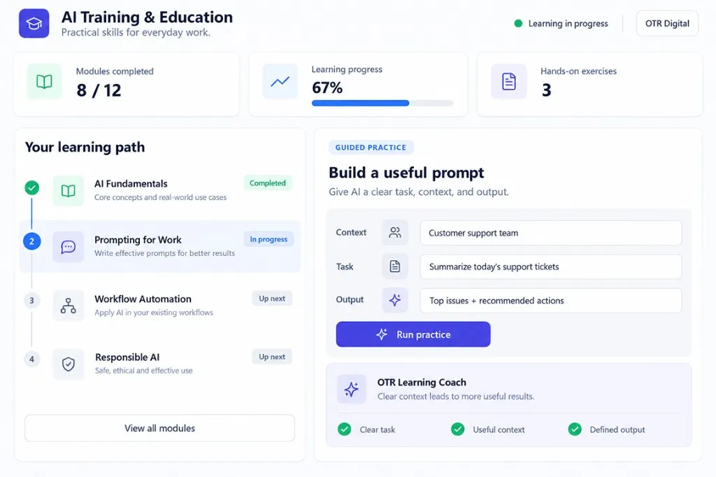 AI training dashboard with modules completed, a learning path, and guided prompt practice