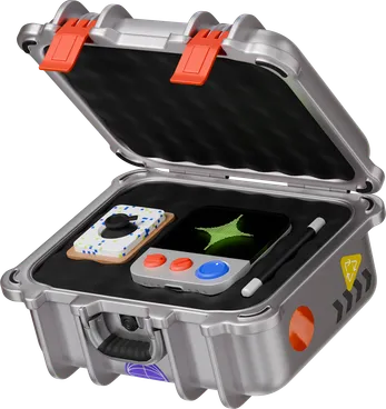 Open metal briefcase packed with a handheld device, a control module, and a stylus