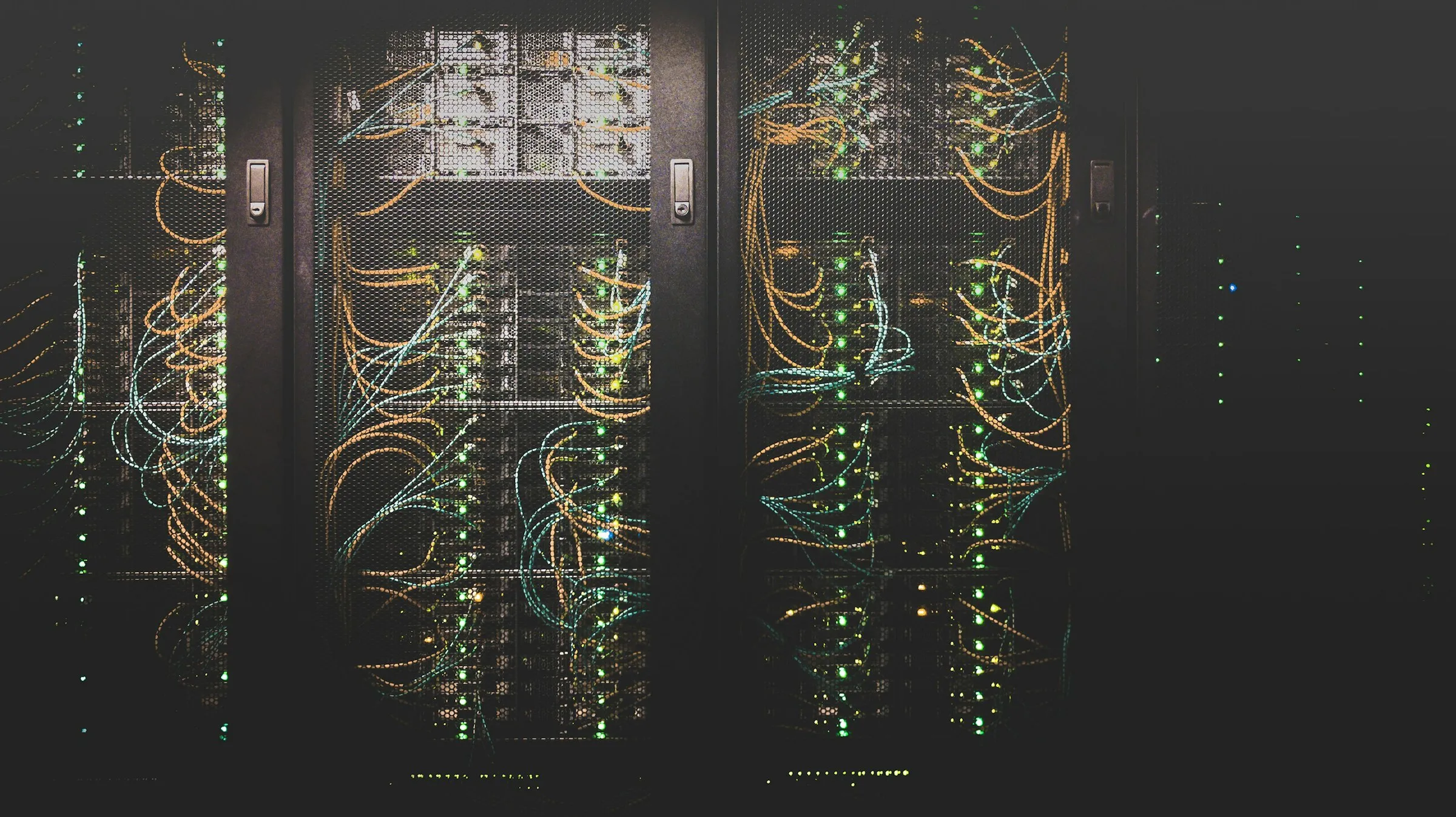 Server racks behind mesh doors with yellow and green network cables